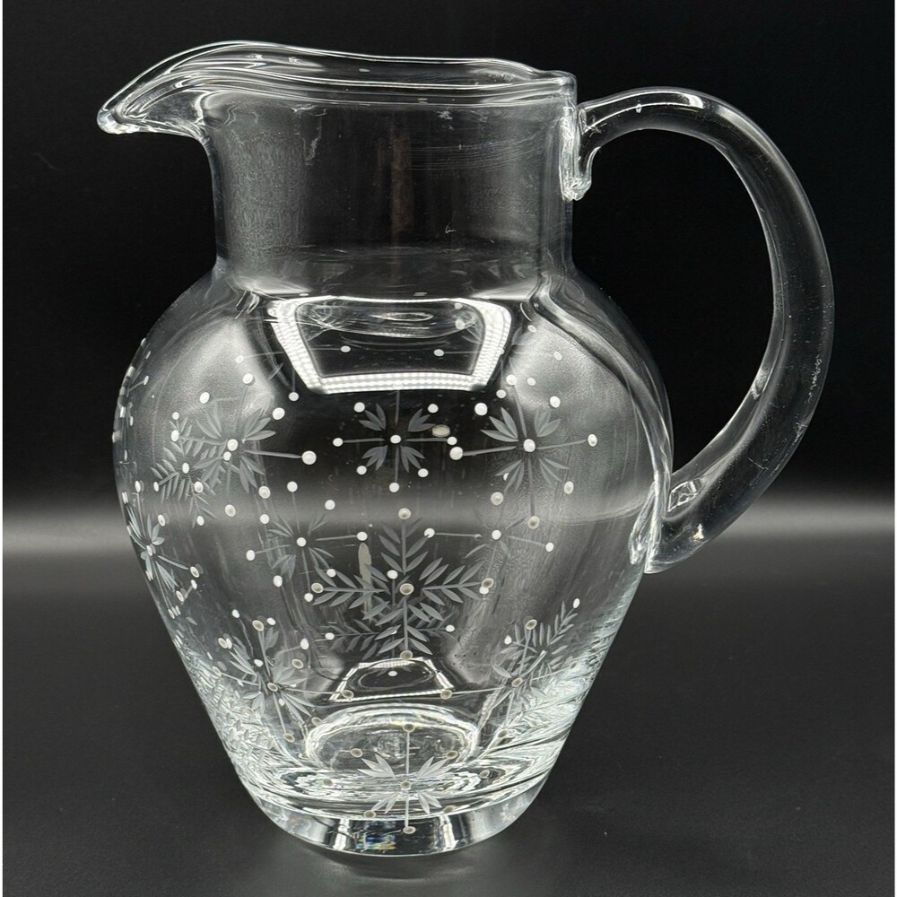 Glass Snowflake Pitcher Celebrations Handblown Etched Painted Water Barware 84oz